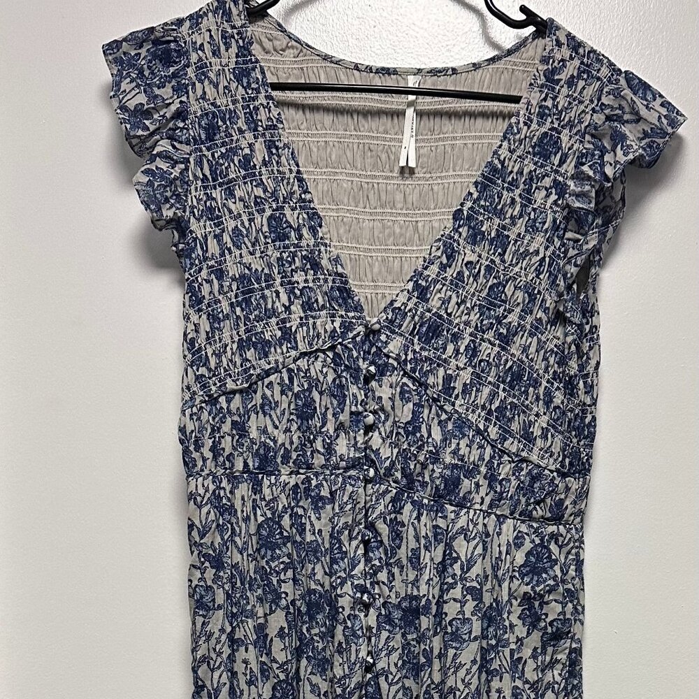 Anthropologie Blue Smocked Midi Dress – Size M, Floral Print, Cottagecore Vibes